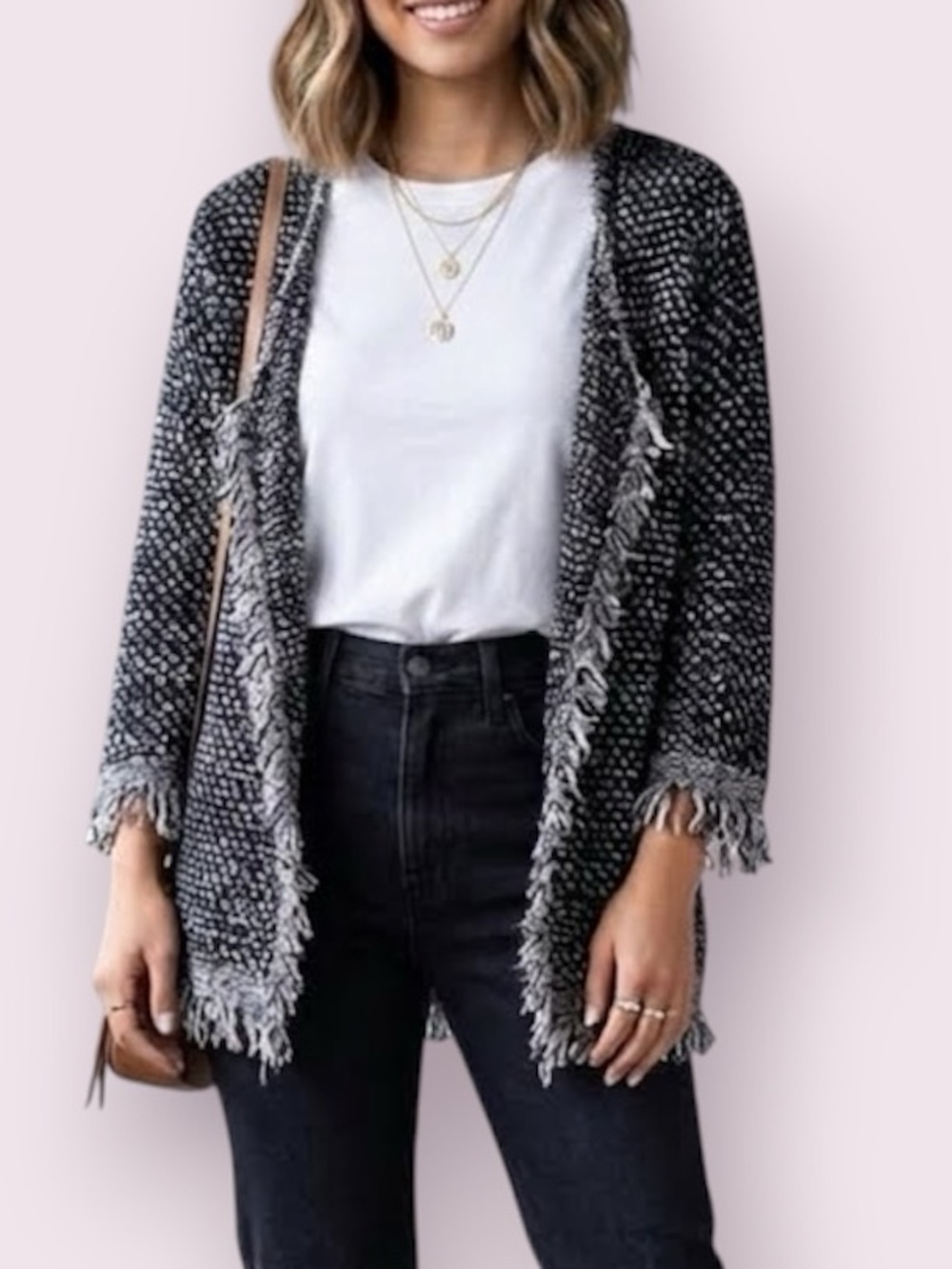 Joie Nalah Open Front Textured Cardigan Fringe Trim Black & White Size Large